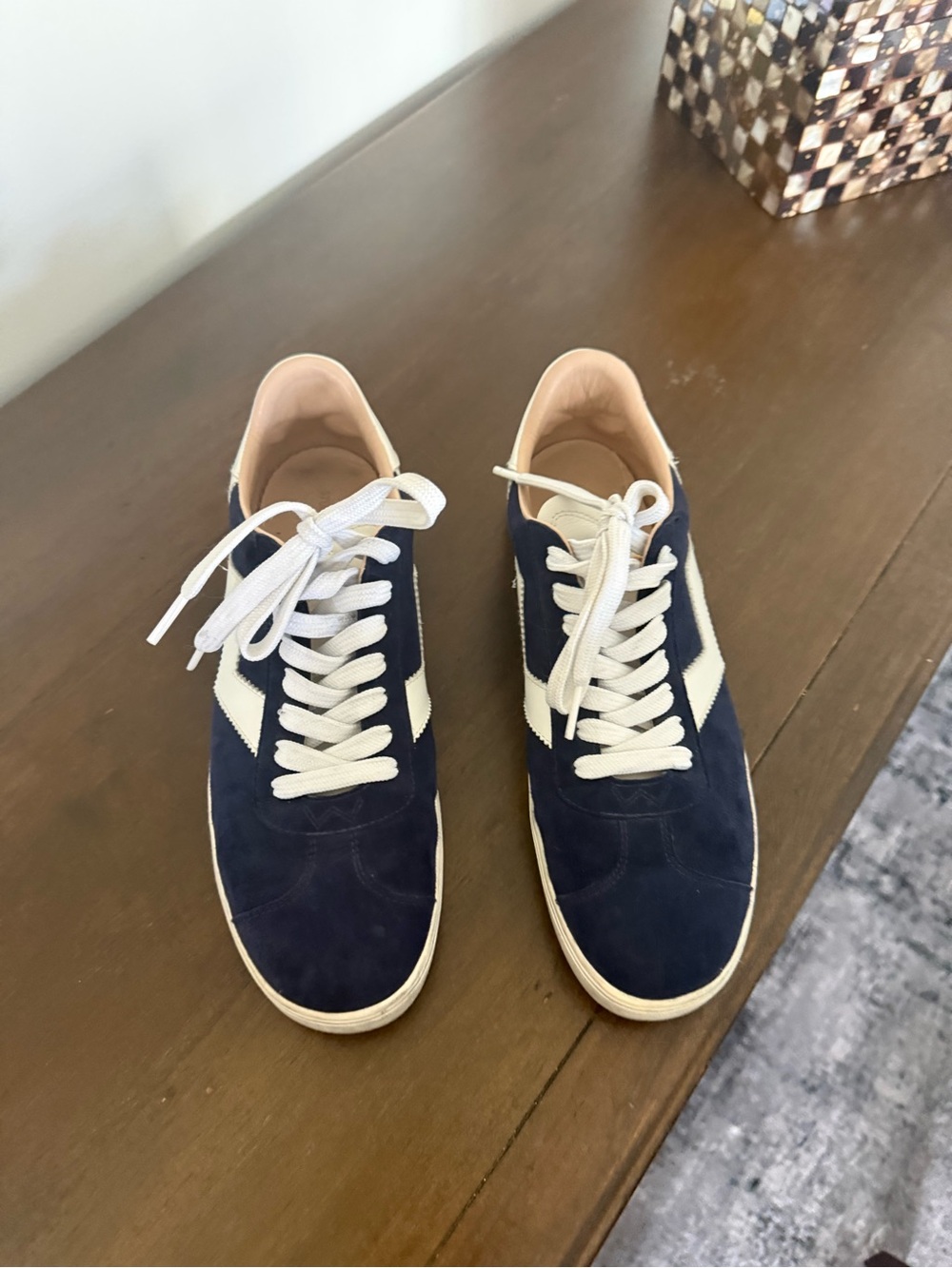 Stuart Weitzman Navy and White Suede Low-Top Sneakers